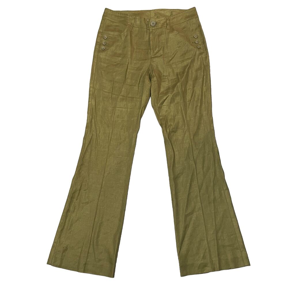 CAbi Charlie Trousers Linen Blend Wide Leg Bronze Khaki Green Size 2 (Fits 32")